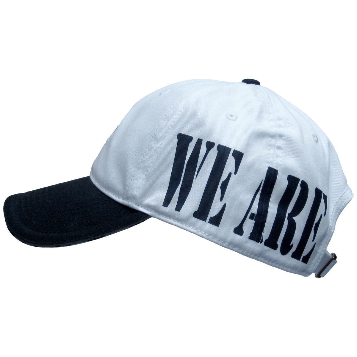 hat with white body, navy brim, and We Are on left side